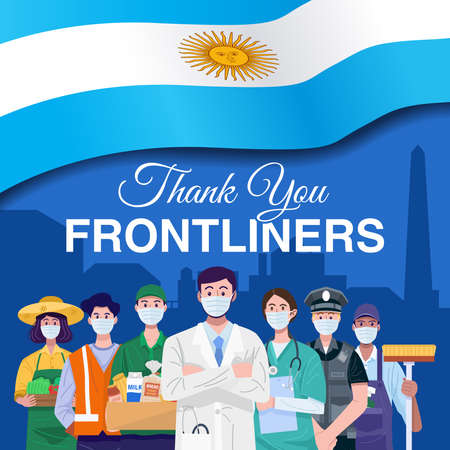 Thank you frontliners. Various occupations people standing with flag of Argentina. Vectorのイラスト素材