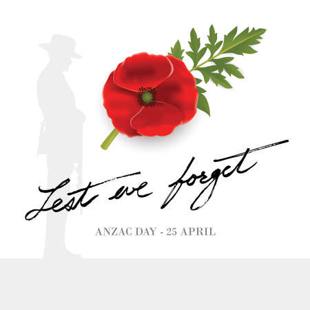 Anzac Day Banner with silhouette of soldier paying tribute and poppy flower, Vectorのイラスト素材