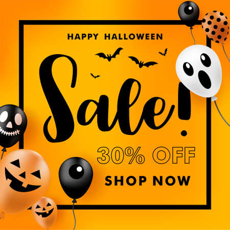 Halloween Sale banner with ghost balloons. Vector illustration.のイラスト素材