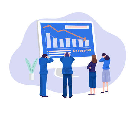 Business concept illustration. Stressed businessmen looking at falling diagram.