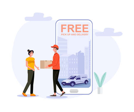 Delivery man handling parcel package box to customer. Vectorのイラスト素材