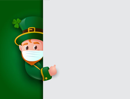 Happy St. Patrick's Day. Leprechaun wearing face mask with big signboard.のイラスト素材
