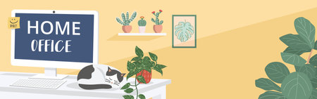 Home office concept, Computer and cat on deskのイラスト素材