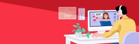 Remote meetings concept, Man having video call meeting with his girlfriend at home. Vectorのイラスト素材