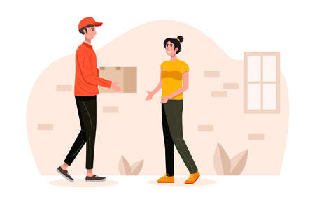 Delivery man handling parcel package box to customer. Vectorのイラスト素材