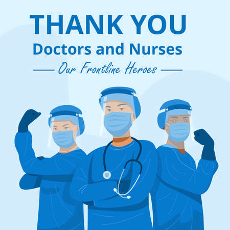 Frontline heroes, Illustration of doctors and nurses characters wearing masks. Vector