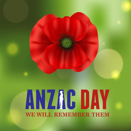 Anzac Day Banner with silhouette of soldier paying tribute and poppy flower, Vectorのイラスト素材