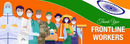 Thank you frontline workers. Various occupations people standing with flag of India. Vectorのイラスト素材