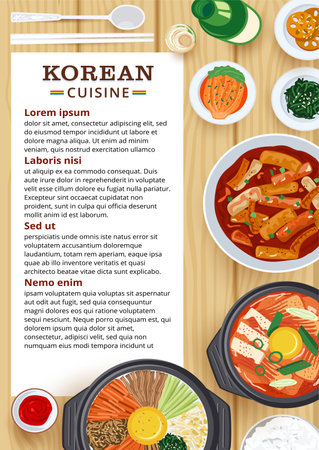 Restaurant menu design, Top view of Korean food on wooden table.のイラスト素材
