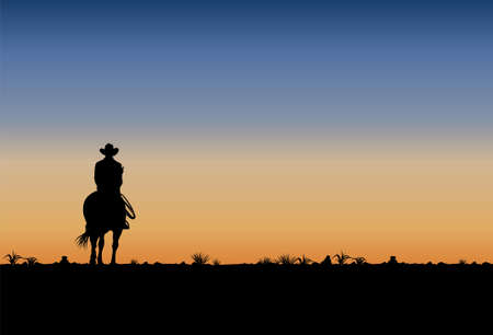 Silhouette of a cowboy riding horse at sunset, vectorのイラスト素材