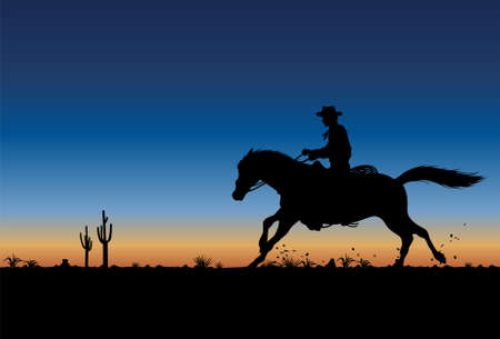Silhouette of a cowboy riding horse at sunset, vectorのイラスト素材