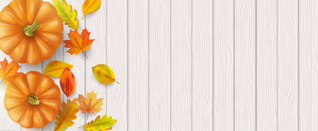 Autumn leaf and pumpkins on wooden background. Vectorのイラスト素材