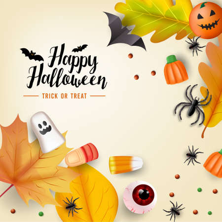 Trick or Treat poster, Top view Halloween candy party background with candy, eyeballs, spiders, bats and pumpkins. Vectorのイラスト素材