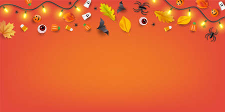 Top view Halloween candy party background with candy, eyeballs, spiders, bats and pumpkins. Vectorのイラスト素材
