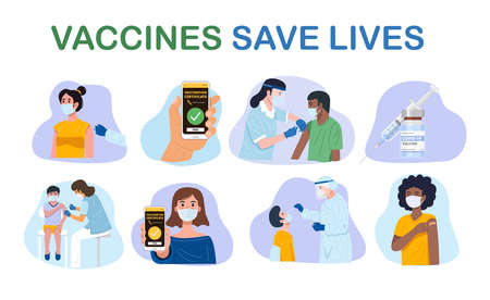 Set of vaccination concept, people with face masks getting vaccinated for covid-19. Vectorのイラスト素材