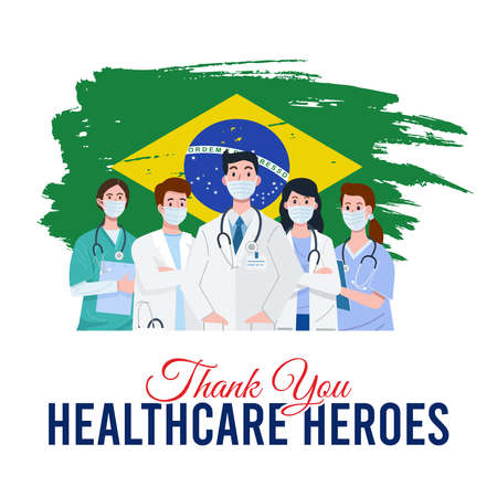 Illustration of frontline workers wearing face masks with flag of Brazil as a background. Vectorのイラスト素材