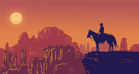Silhouette of lonesome cowboy riding horse at sunset, Vector Illustrationのイラスト素材
