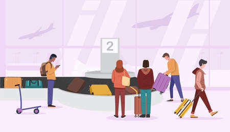 Travel illustration, Travelers collecting luggage at Airport. Vectorのイラスト素材