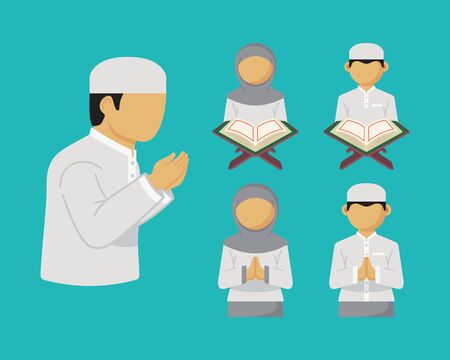 Set of Muslim kids cartoon isolated in flat vector design. Ramadan Kareem and Eid Mubarak character design. Vector Illustration for poster, greeting card, banner, flyer.のイラスト素材