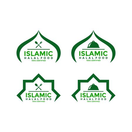 Set of halal food products labels, badges and logo design. Vector Halal sign certificate tag.のイラスト素材