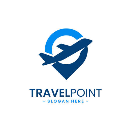 Travel point logo design template. Pin icon with airplane combination. Concept of holiday, tourism, trip, exploration, etc.のイラスト素材
