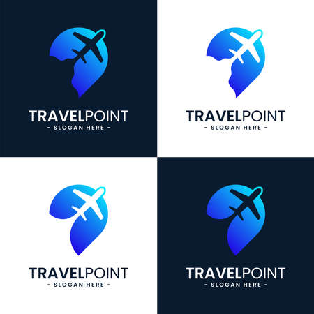 Set of travel point logo design template. Pin icon with airplane combination. Concept of holiday, tourism, trip, exploration, etc.のイラスト素材