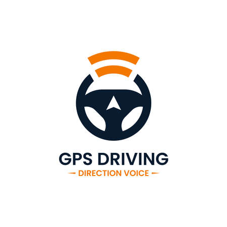 Voice gps drive point logo design template. Steering wheel, gps map location and voice icon vector combination. Creative driving training symbol concept.のイラスト素材