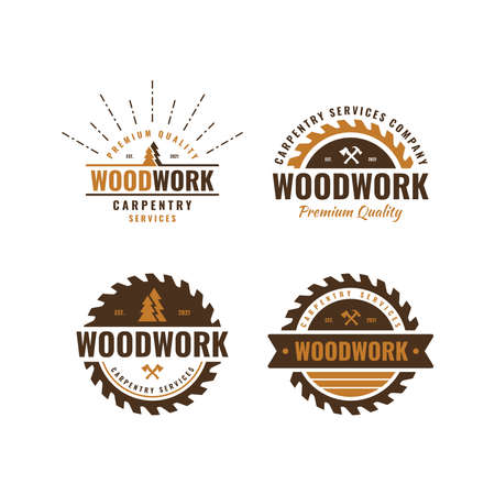 Set of carpentry vintage logo vector. Unique woodwork badge, label and stamp design.のイラスト素材