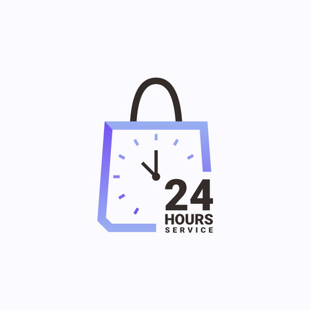 Twenty four hour shop service logo design vector. Shopping anytime symbol template.のイラスト素材