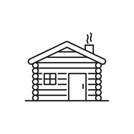 Cabin icon. Outline house icon with editable stroke. Linear symbol of camping with shadow.のイラスト素材