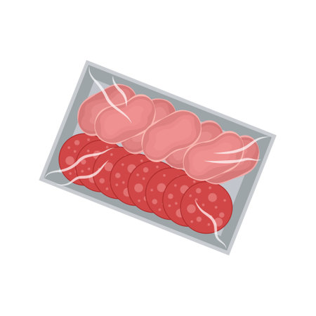 Sliced salami sausage and ham in the package with transparent wrap, food plastic tray container vectorのイラスト素材