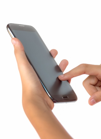 Hand hold and finger touching smartphone, close-upの写真素材