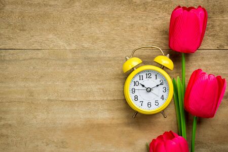 Clock nad tulips on wooden table background.の写真素材