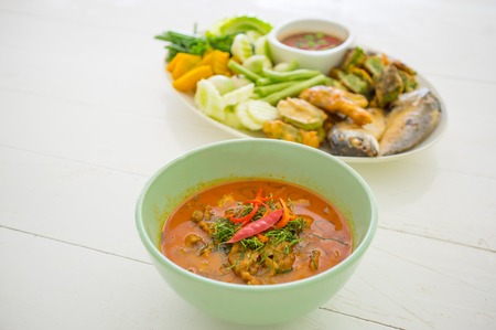 Thai Food Red Curry and Shrimp paste with fried mackerel and vegetableの写真素材