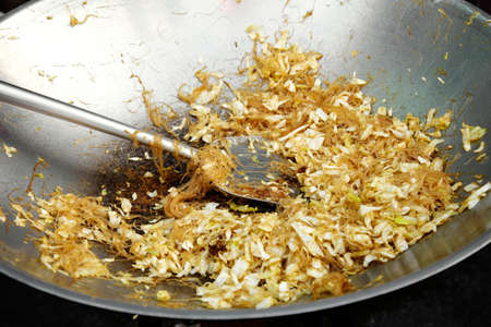 close up chinese vegetarian food on panの写真素材