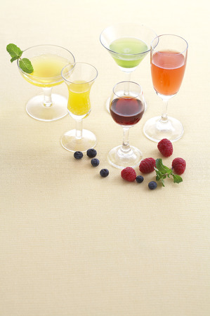 many juice in glass and space from fabricの写真素材
