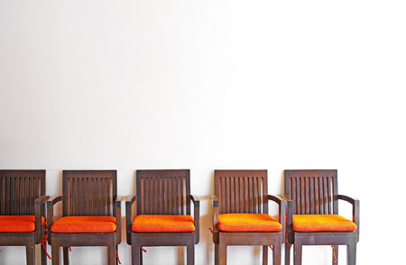 close up vintage wooden chairs in restaurantの写真素材
