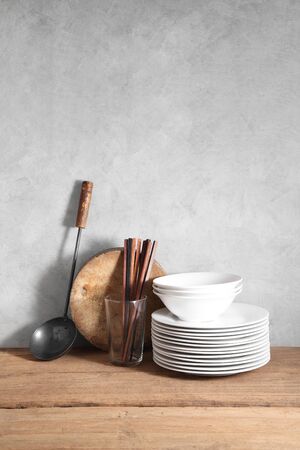 Chinese utensils in restaurant with a blank space for a text, Chinese kitchen backgroundの写真素材