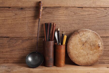 Chinese utensils in Chinese restaurant with a blank space for a text, Chinese kitchen backgroundの写真素材