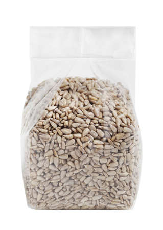 Sunflower seeds in plastic package isolated on white backgroundの写真素材