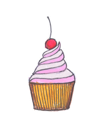 Cupcake drawing with crayon isolated on white background