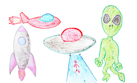 Set of alien story drawing with crayon isolated on white paperの写真素材