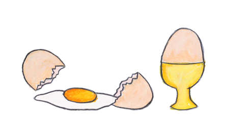 Cracked egg and egg in ceramic cup drawing with crayon isolated on white paperの写真素材