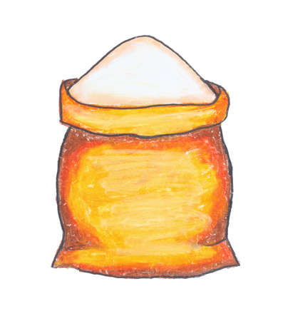 Flour in burlap bag drawing with crayon isolated on white paperの写真素材