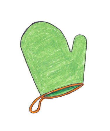 green oven glove drawing with crayon isolated on white paperの写真素材