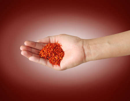 Hand holding cayenne pepper isolated on red backgroundの写真素材