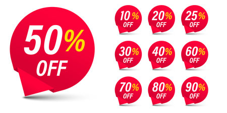 Different discount price 10, 20, 25, 30, 40, 50, 60, 70, 80, 90 percent Promotion sticker badge set for shopping marketing and advertisement clearance sale, Save money. vector illustration.のイラスト素材
