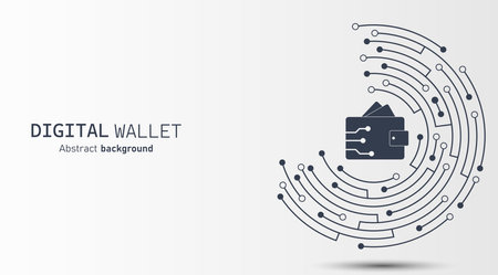 Digital wallet on dark blue circuit background. Digital wallet application internet banking. Mobile banking, online finance, e-commerce, money transaction concept. Online payment. Vector illustration.のイラスト素材