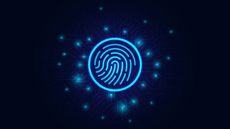 Fingerprint scanning on circuit board. secure system concept with a fingerprint. Cyber security technology concept abstract background futuristic Hi-tech style. Vector and Illustration.のイラスト素材