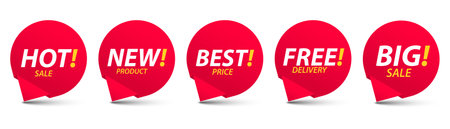 Set of marketing text message tag. Promotions are colorful round speech bubble shape. Sign for advertising, banners, template and decorate. Vector illustrations isolated on white background.のイラスト素材